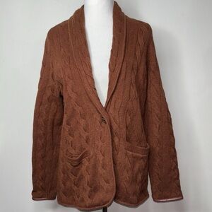 Talbots Cable Knit Cardigan Shawl collar Sweater chunky Fisherman preppy wool